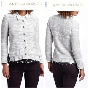 Anthropologie Field Flower Cardigan Sweater XS Button UP Double Hem Gray Grey